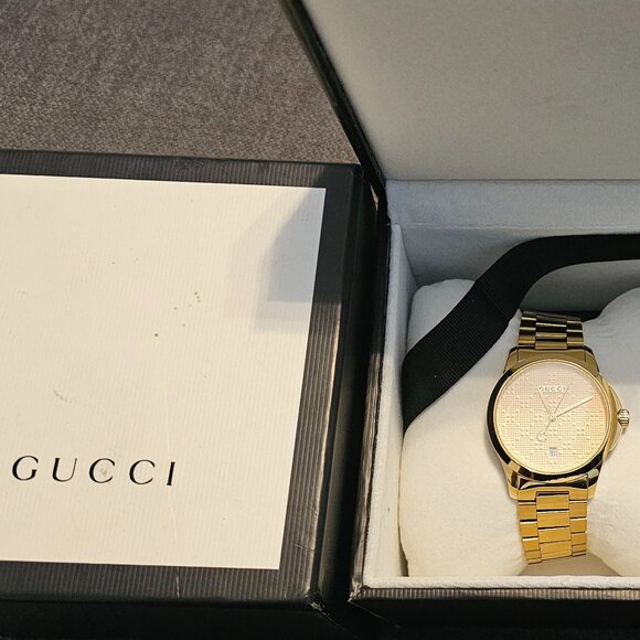 NEW GUCCI G-Timeless Unisex Watch YA126461A Gold Tone Pattern Dial